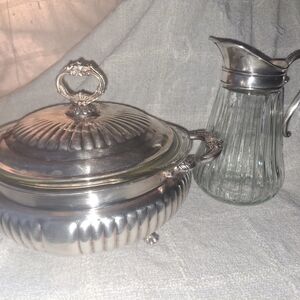 Silver Sheridan Casserol Dish and Glass & Silver Carafe Pitcher Set